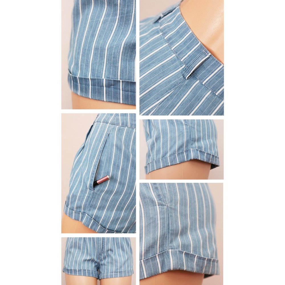Denim Blue Striped 100% Cotton High Waist Shorts - Picture 7 of 10